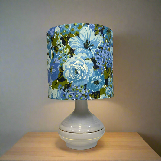 Mid Century Grey Ceramic Table Lamp with Vintage age Floral in Blue Shade