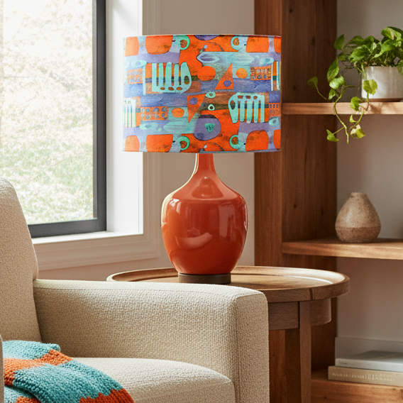 Colorful lamp with abstract pattern on a wooden table near a window