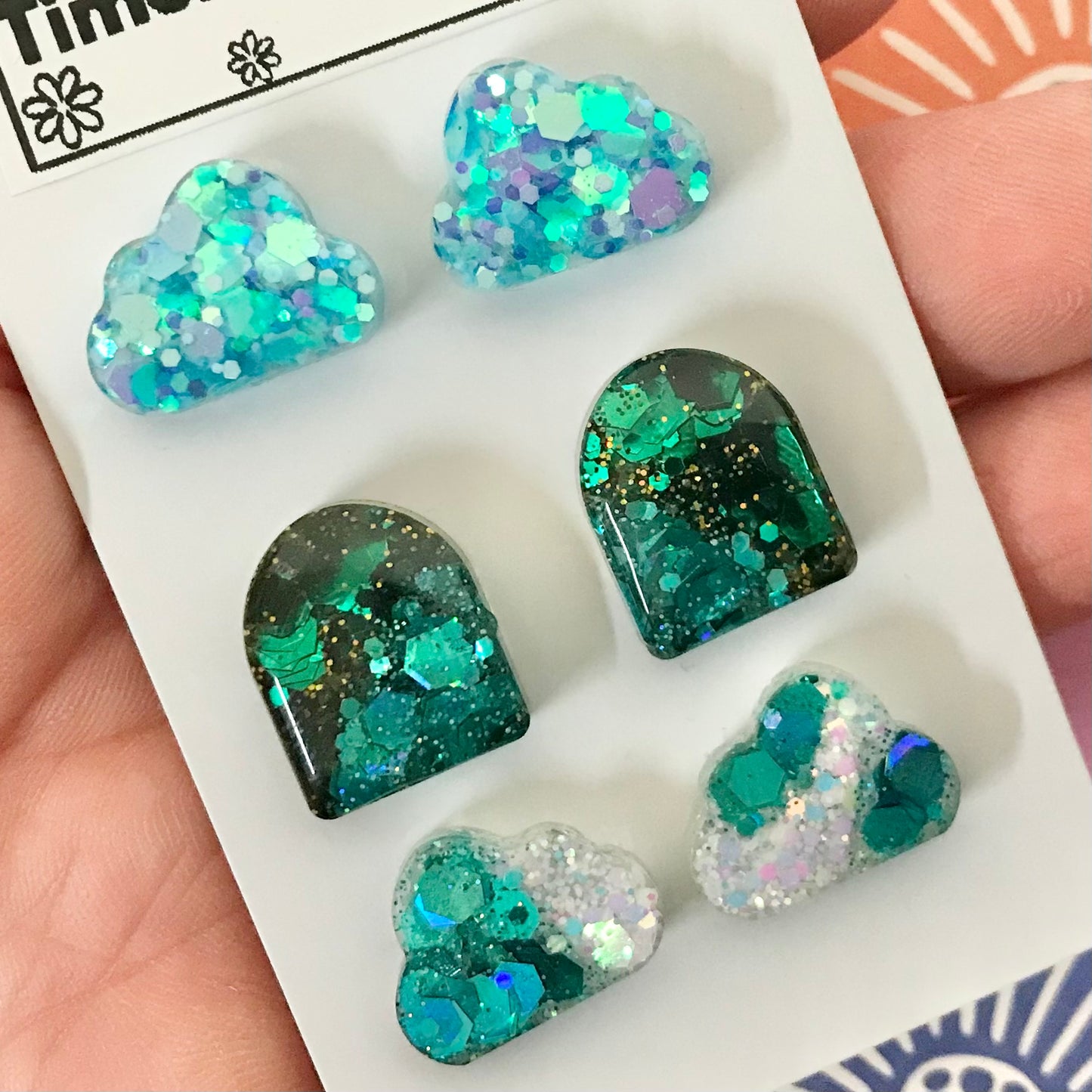 Novelty Resin Sparkle Stud Earrings - triple pack