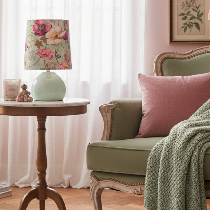 Small lamp with a floral-patterned shade on a side table in a living room with pink and green tones