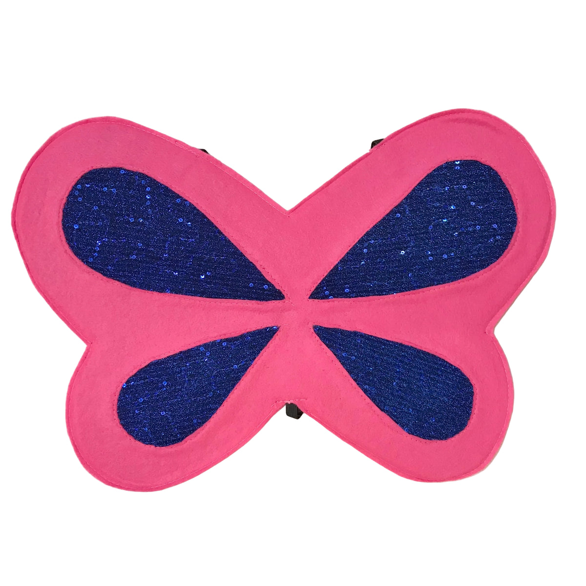 butterfly-shaped wings in bright pink felt fabric border and glittery dark blue inner sections, shown on a plain light background.