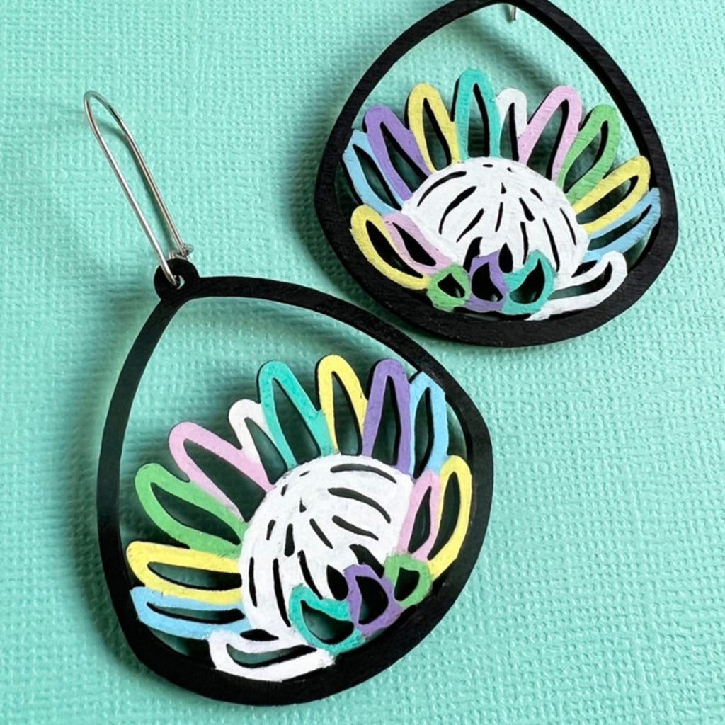 Protea Bloom Hand-painted Wood Earrings