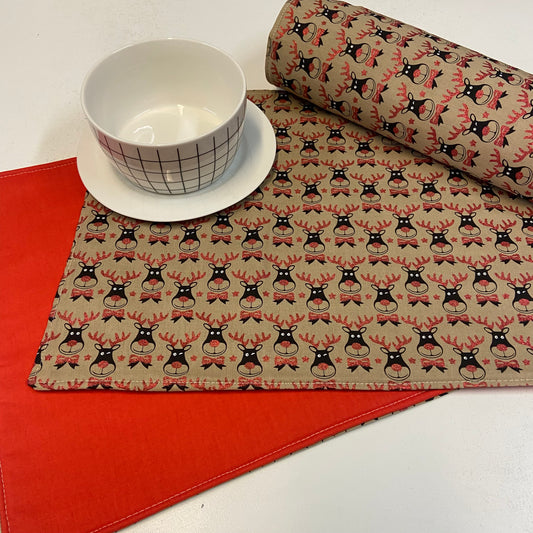 Reversible Christmas Placemats - Reindeers with Red on Reverse (set of 4)