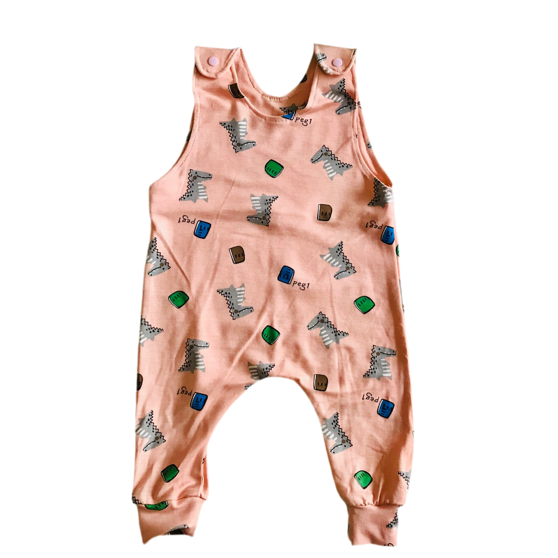 Pink baby romper with animal print on a white background