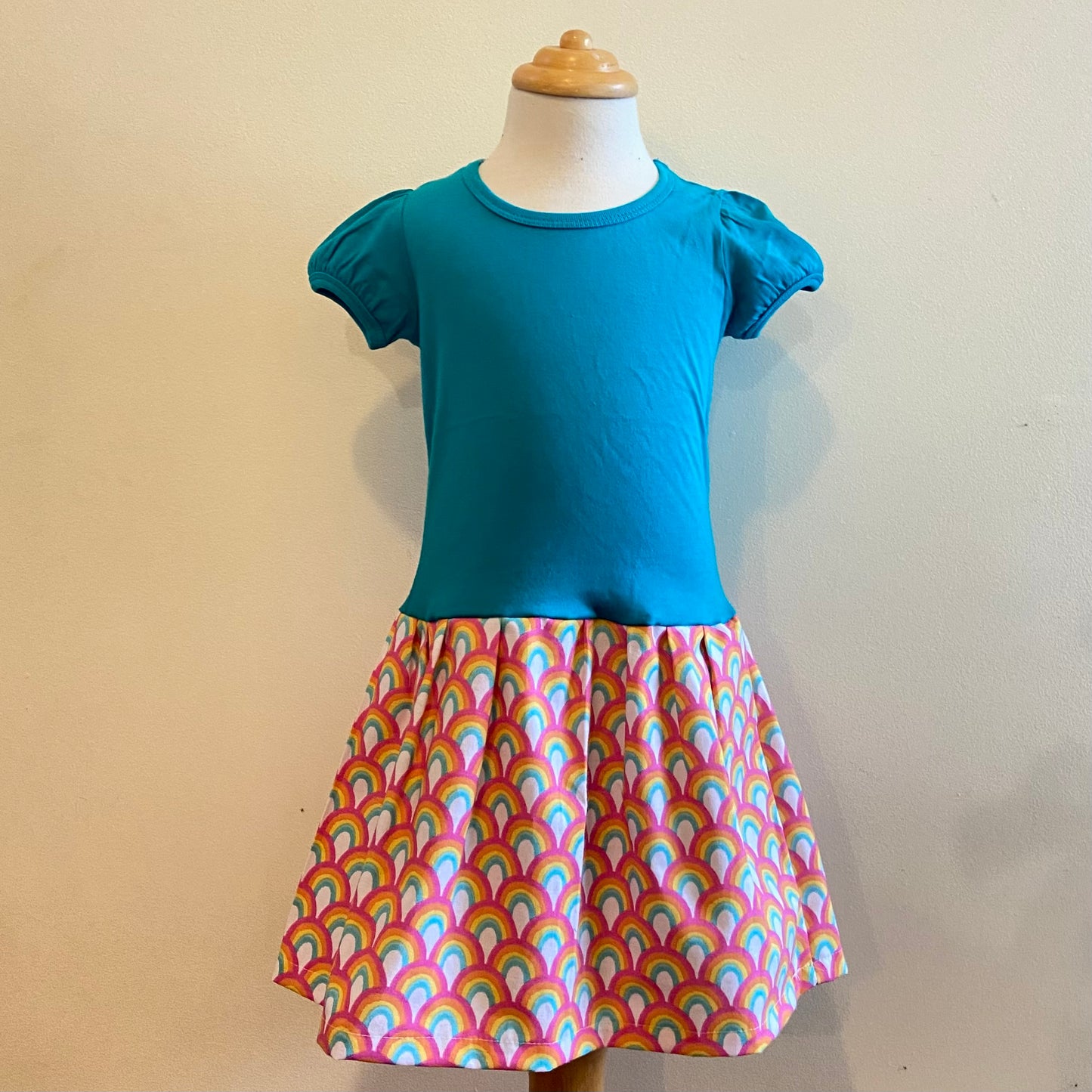 Short Sleeve Winnie Dress - TEAL WITH RAINBOWS