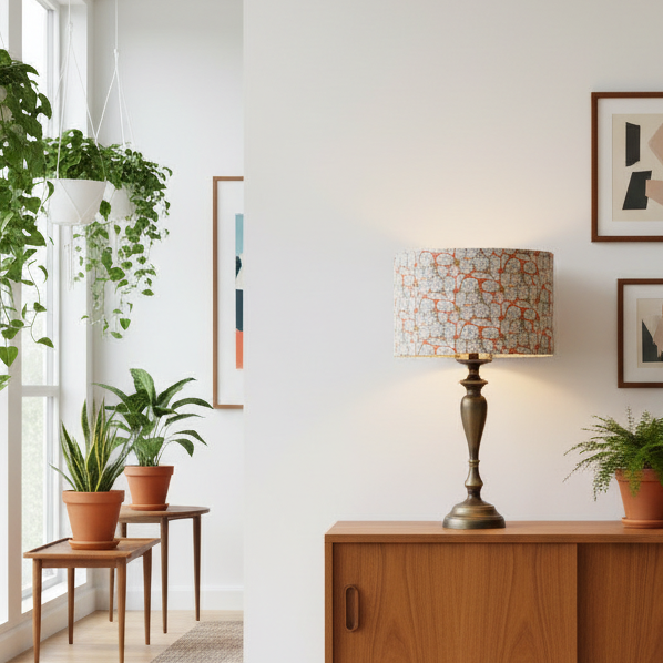 Ornate Pewter Look Table Lamp with Prickly Pear on Orange Shade (pair available)