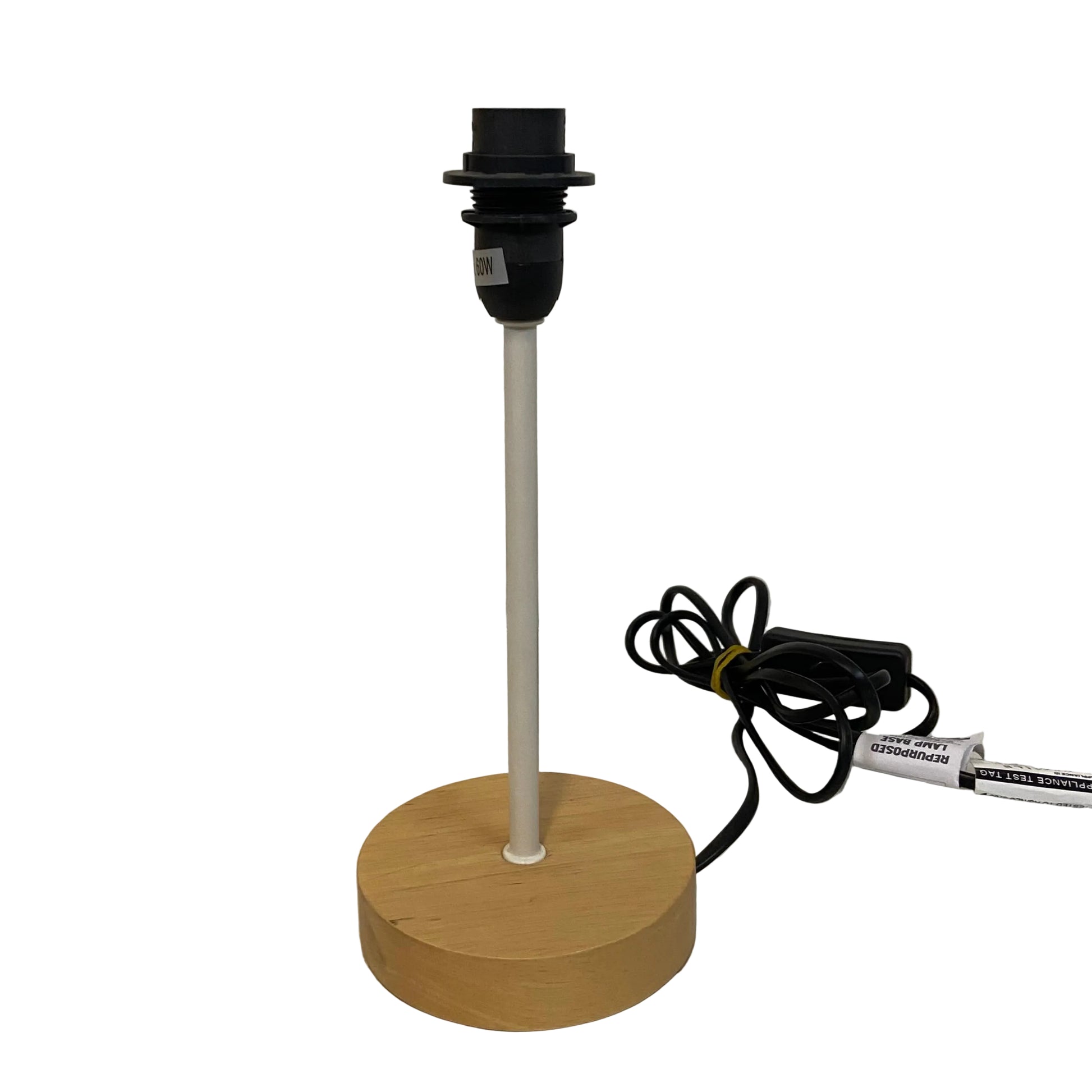 Lamp base with wooden base and black lampshade on a white surface