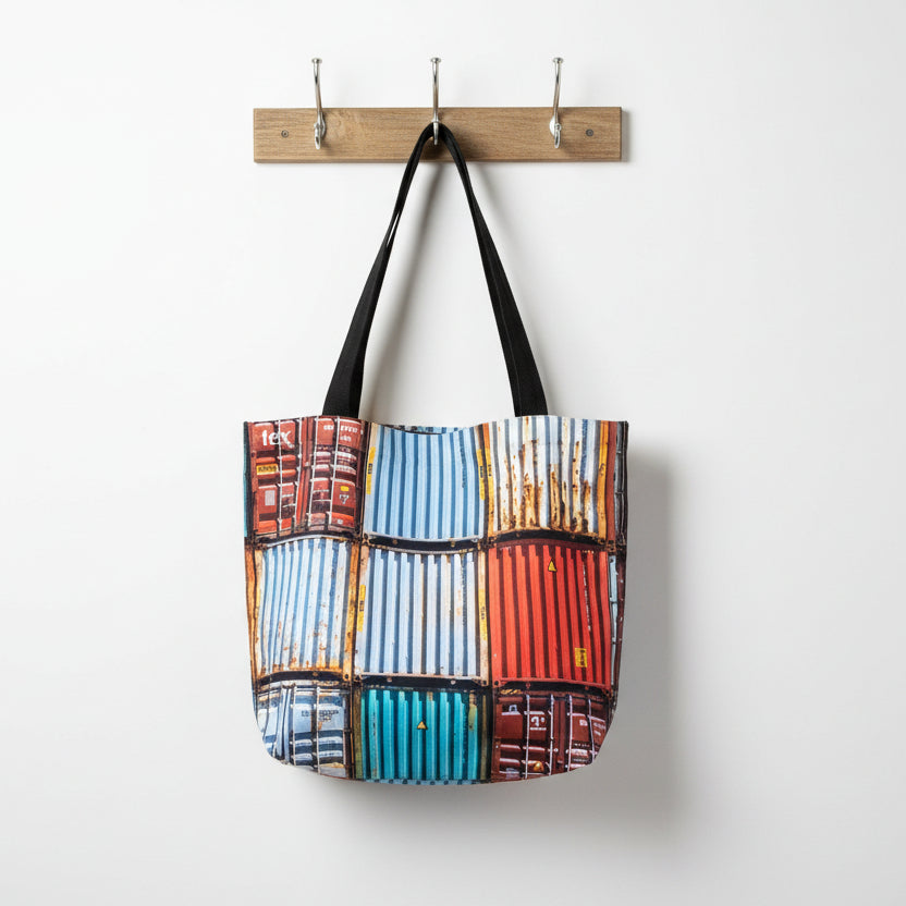 Colorful tote bag with the yarraville docks containers printed on it hanging from a hook on a white wall

