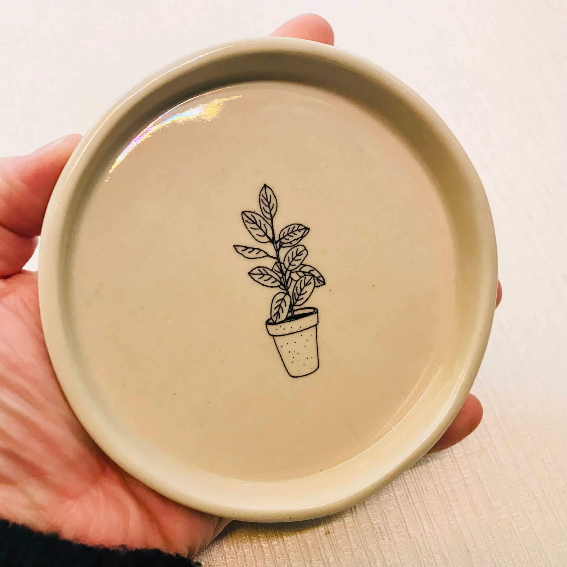 Hand holding a beige ceramic plate with a plant illustration on a light background