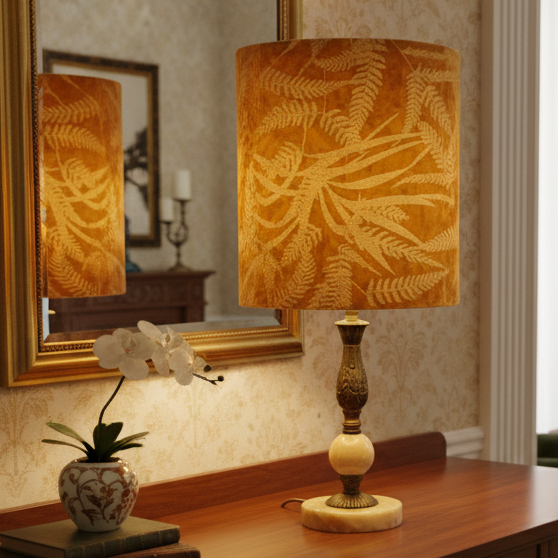 Brass and Marble Antique Table Lamp with Velour Mustard Ferns Shade