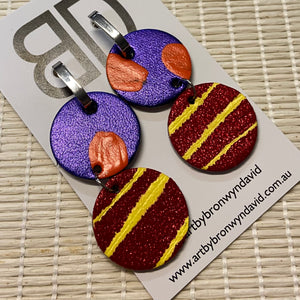 Hand painted leather bold statement earrings - Reversible Double Huggies (large)