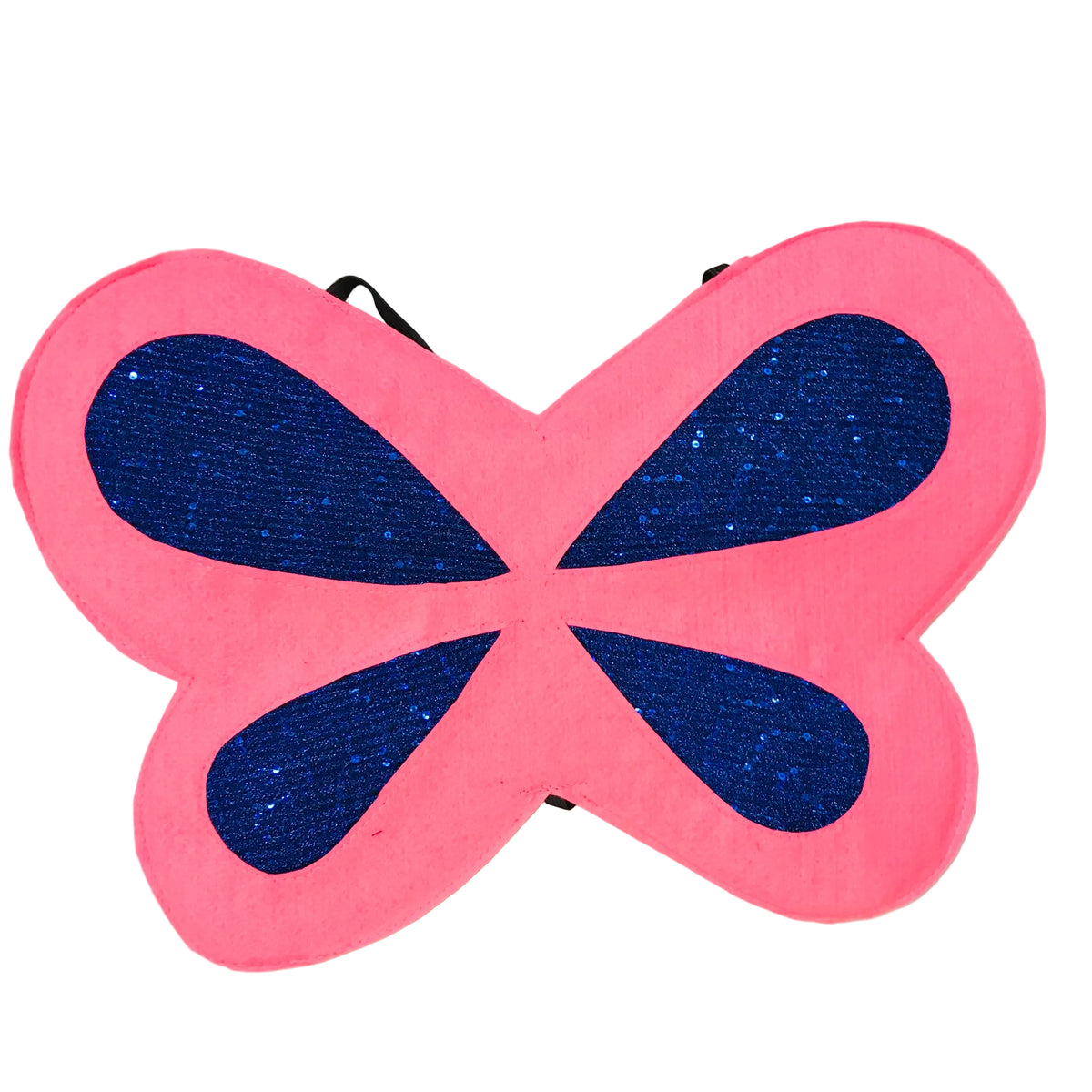 A pink butterfly-shaped felt wing with elastic straps for wearing on a childs back