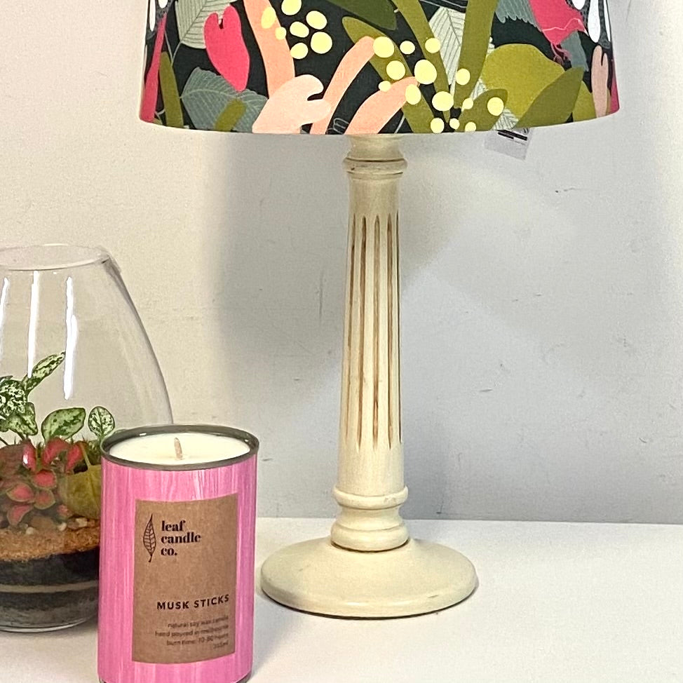 Timber Pedestal Table Lamp with Flower Bomb Ink Shade