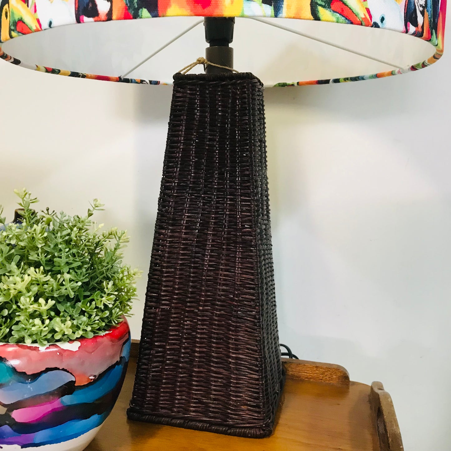 Rainbow Bright Birds Dark Wicker Table Lamp