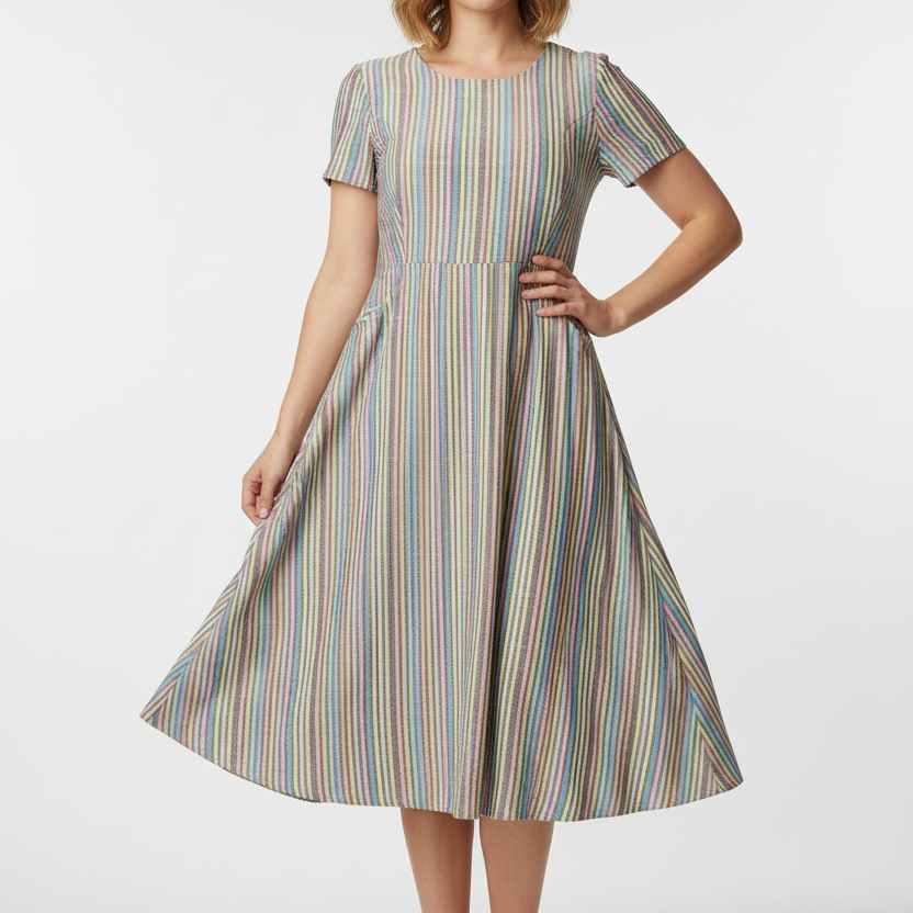 A short-sleeve A-line dress with a multicolor vertical stripe pattern hanging on a wooden hanger against a plain white wall.