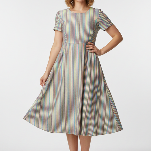A short-sleeve A-line dress with a multicolor vertical stripe pattern hanging on a wooden hanger against a plain white wall.