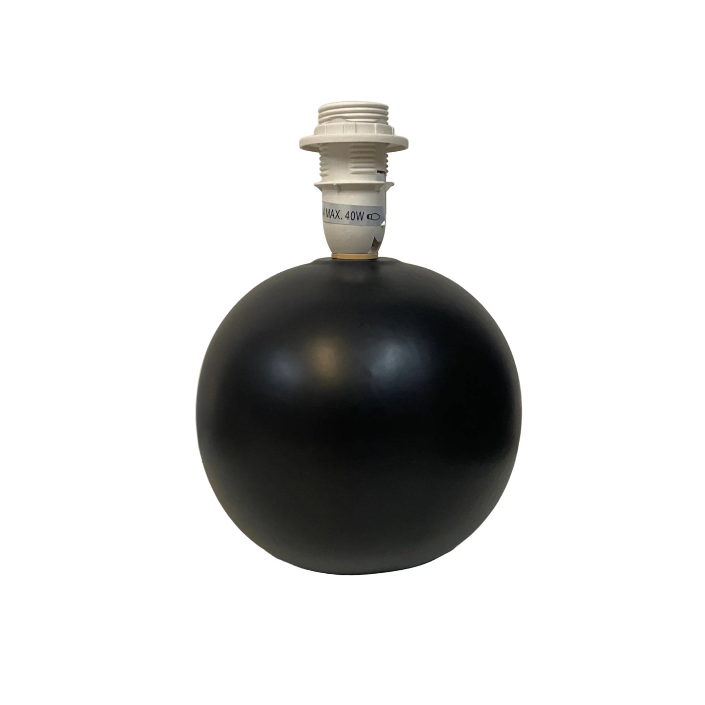 Black spherical lamp with a light bulb on a white surface and light gray background