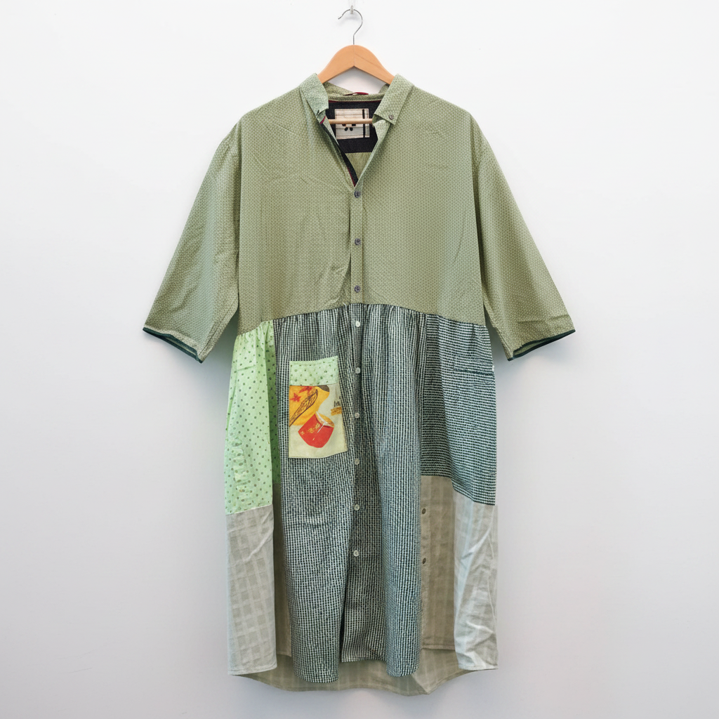 A patchwork short-sleeve button-up shirt hanging on a wooden hanger against a white brick wall. The shirt features multiple fabric panels in sage green, blue-green gingham, olive green, and a small colorful patch on the front pocket.
