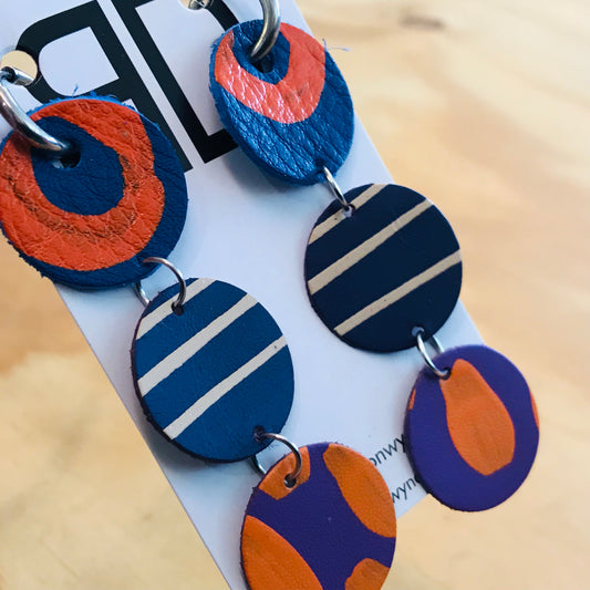 Hand painted leather bold statement earrings - Multi Drop