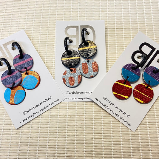 Hand painted leather bold statement earrings - Reversible Double Huggies (medium)