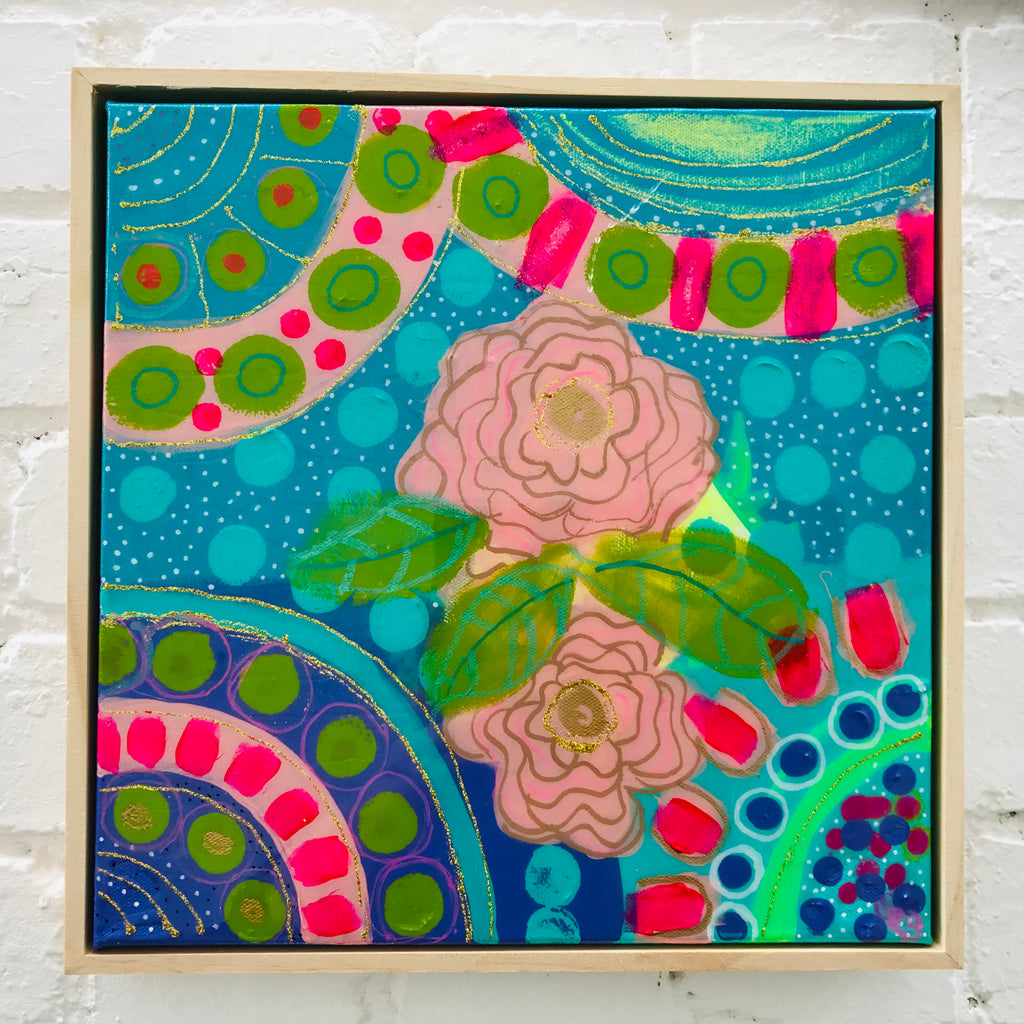 Original One of a Kind Resin Artwork with Frame - Flowers Drifting
