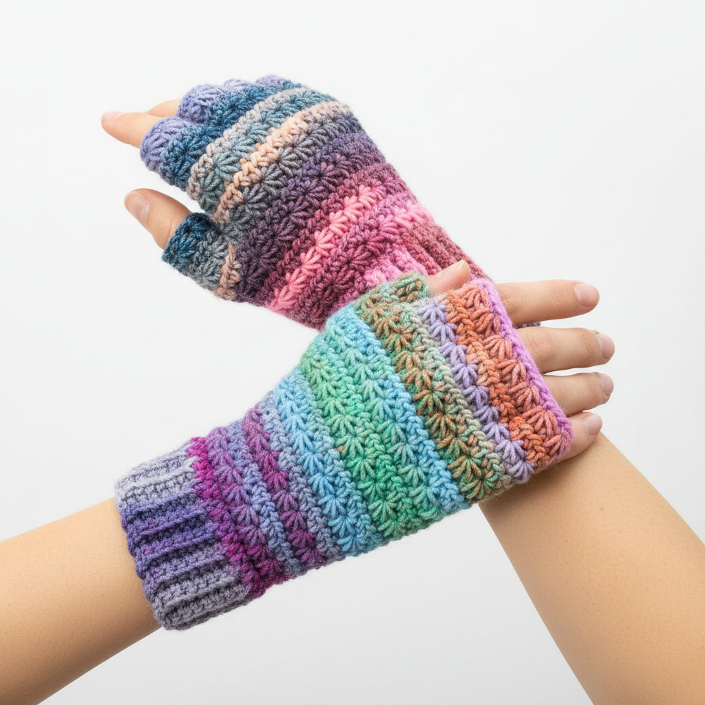 Two handmade crocheted fingerless gloves in variegated yarn