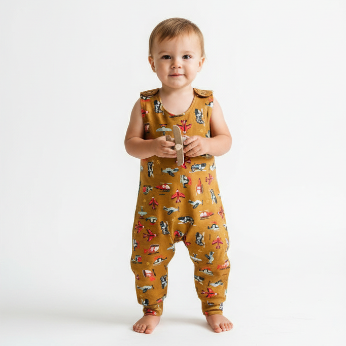 Baby Toddler Long Romper - Tan Planes