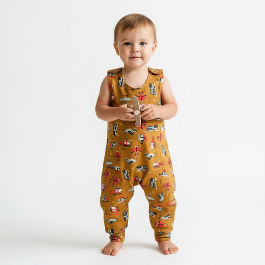 Baby Toddler Long Romper - Tan Planes