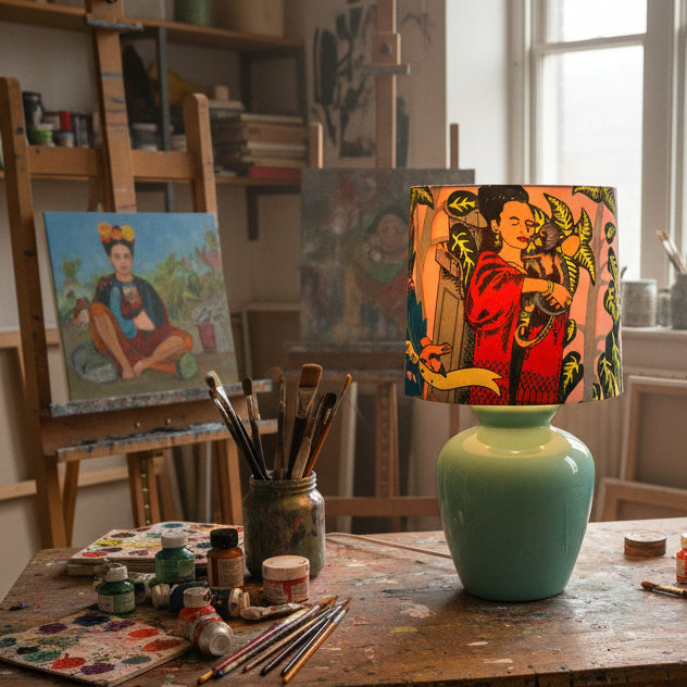 Lamp with a colorful lampshade featuring a stylized portrait and green base on a white background