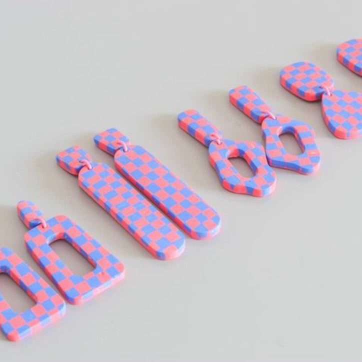 Polymer Clay Handmade Earrings - Pink & Blue Checkerboard