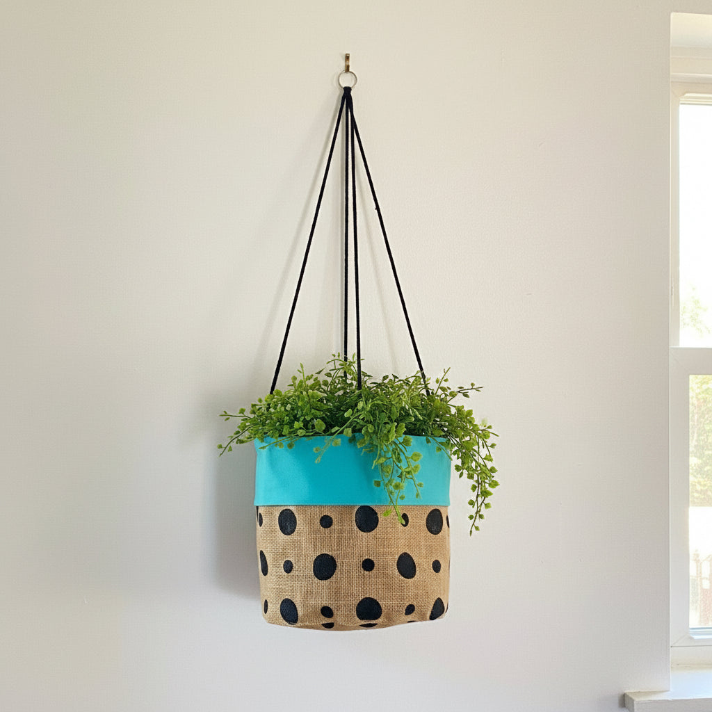 Hanging planter with turquoise top and polka dot pattern on a plain wall.