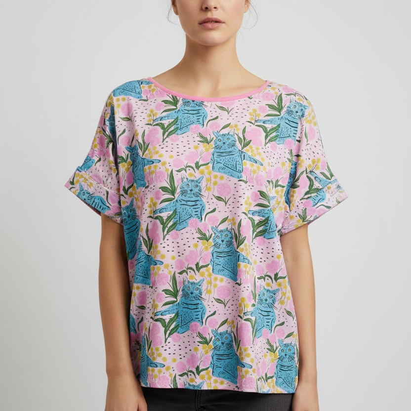 Handmade Women’s Box Top - Blue Cats (L/XL)