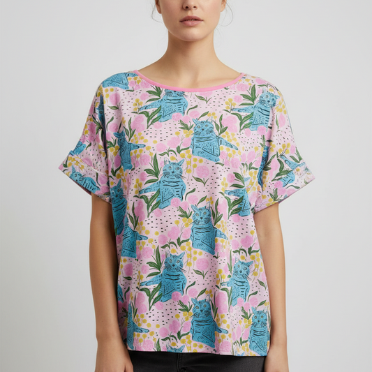Handmade Women’s Box Top - Blue Cats (L/XL)