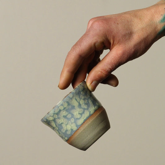 Handcrafted Pottery Espresso Cup - Blue with Yellow, Purple Yellow Dots inside (125ml)