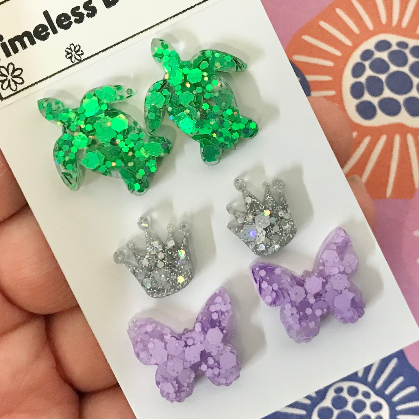 Novelty Resin Sparkle Stud Earrings - triple pack