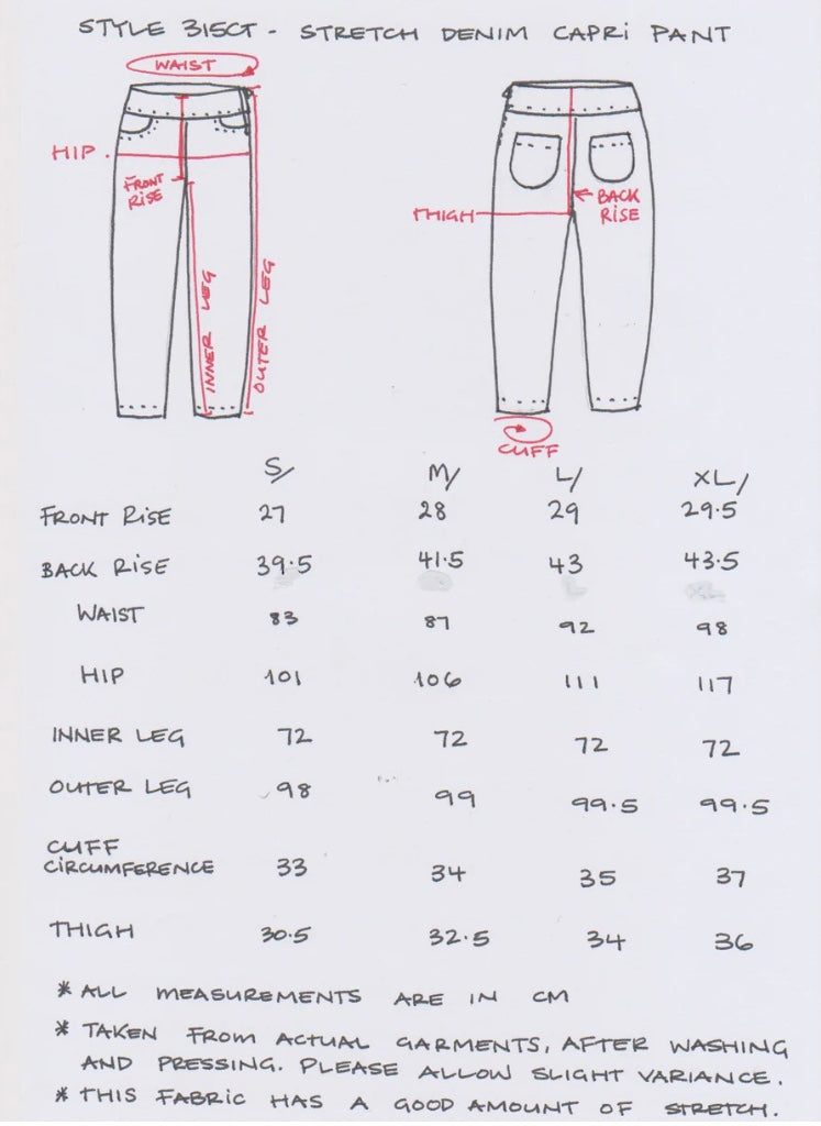 Measurement chart for stretch denim capri pants with labeled parts and size chart.