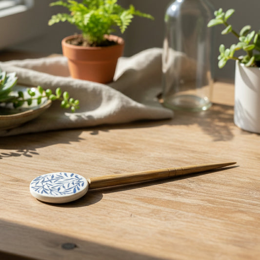 Wooden hair pin with a decorated ceramic tip on a white background