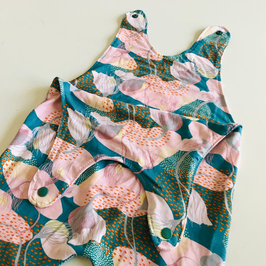 Floral-patterned baby romper on a light background