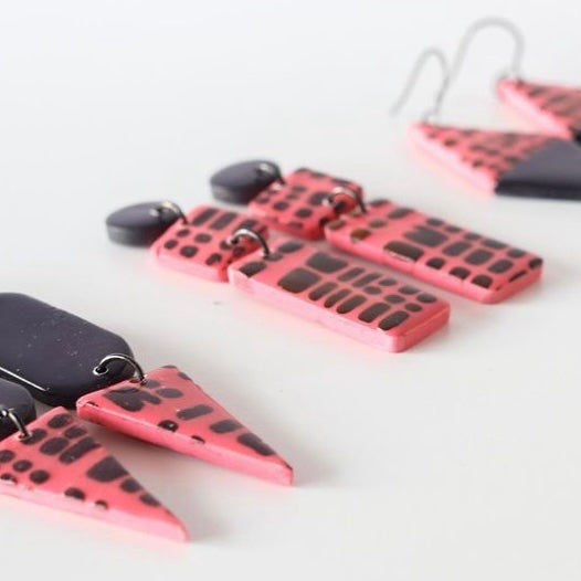Polymer Clay Handmade Earrings - Guava/Black Patterned