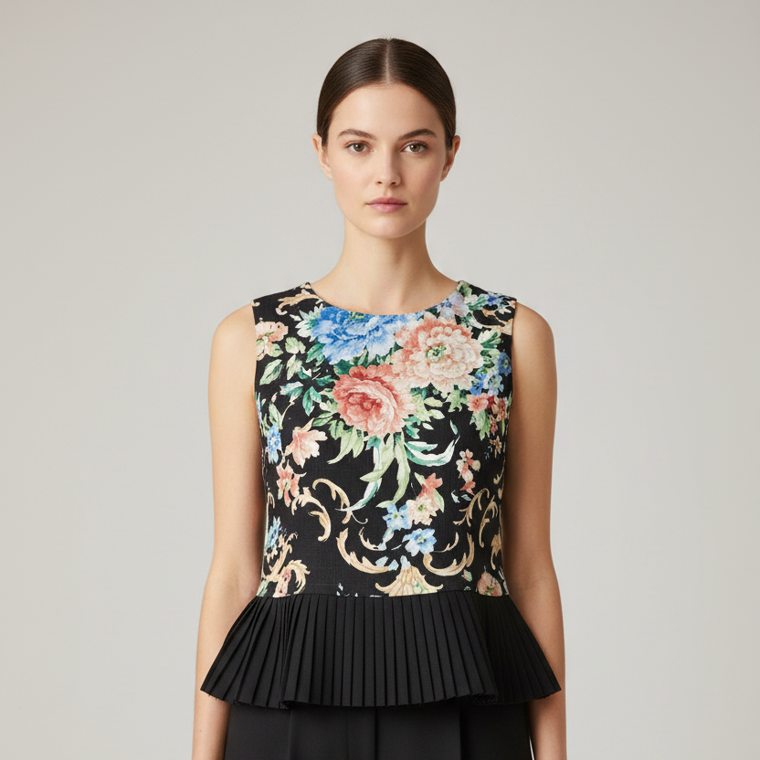 A sleeveless black top with a colorful floral and scroll pattern on the upper bodice and a solid black ruffled hem, on a model