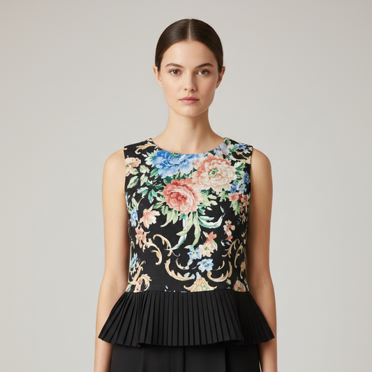 A sleeveless black top with a colorful floral and scroll pattern on the upper bodice and a solid black ruffled hem, on a model