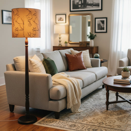A floor lamp with a dark brown turned wood stand and a tapered drum shade featuring a brown and blue branch pattern,