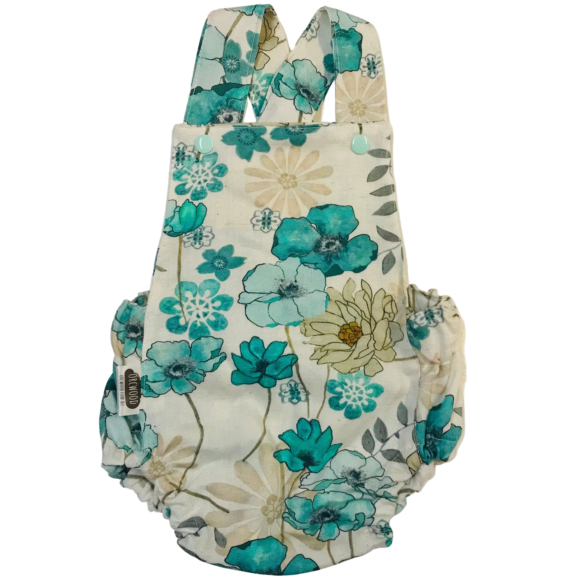 Floral-patterned baby romper on a white background