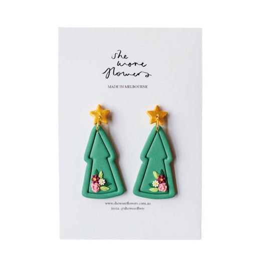 Christmas Polymer Clay Earrings - Trees with Flowers