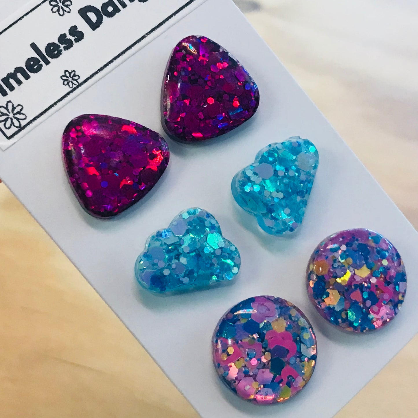 Novelty Resin Sparkle Stud Earrings - triple pack