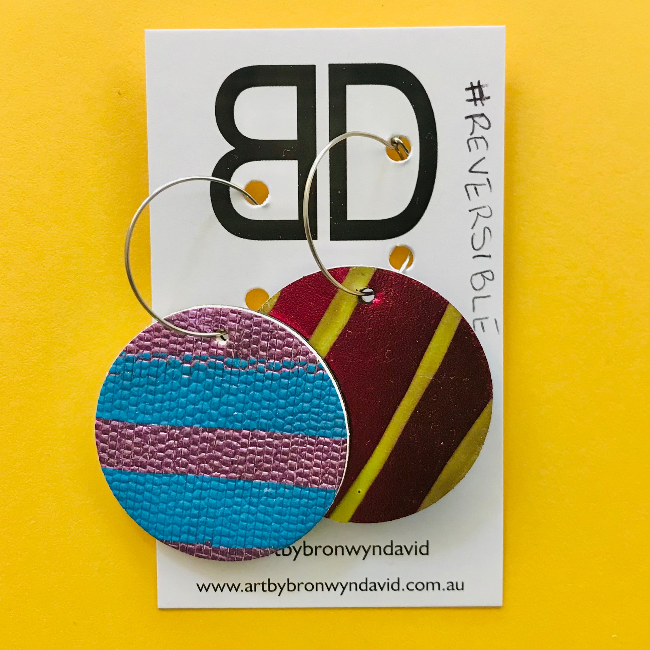Hand painted leather bold statement earrings - Reversible Double Disc