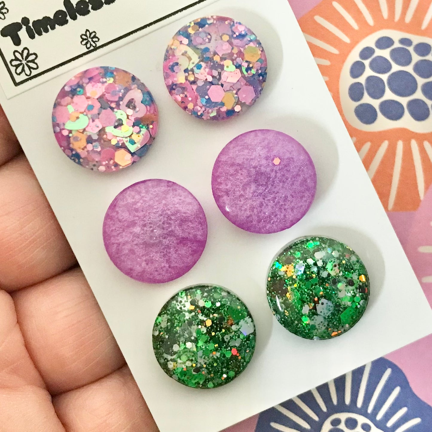 Novelty Resin Sparkle Stud Earrings - triple pack