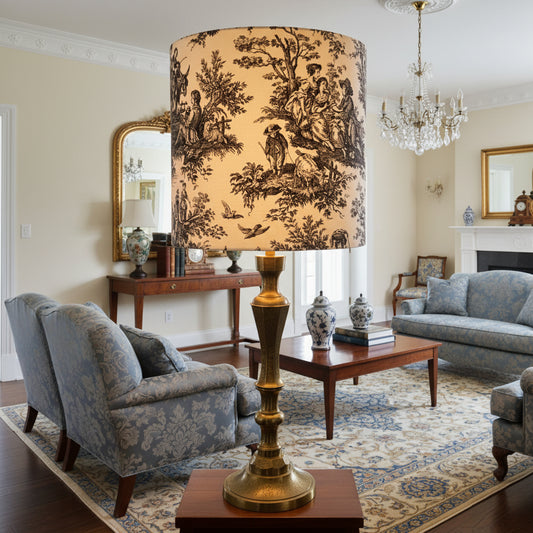 Lamp with a decorative black and white patterned shade on a brass base.