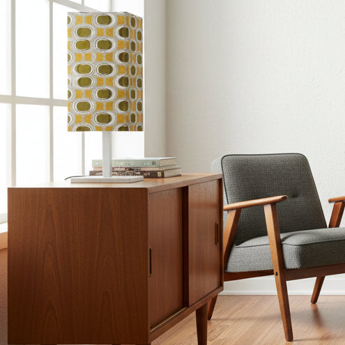 Square Olive Geo Barkcloth Column Table Lamp