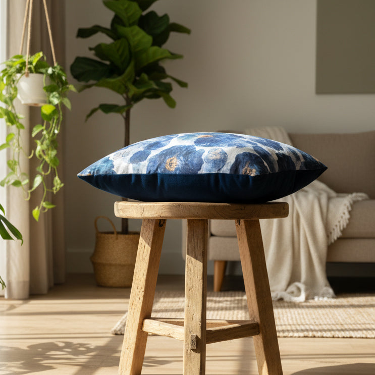 Blue patterned pillow on a wooden stool in a living room setting with plants and a sofa.